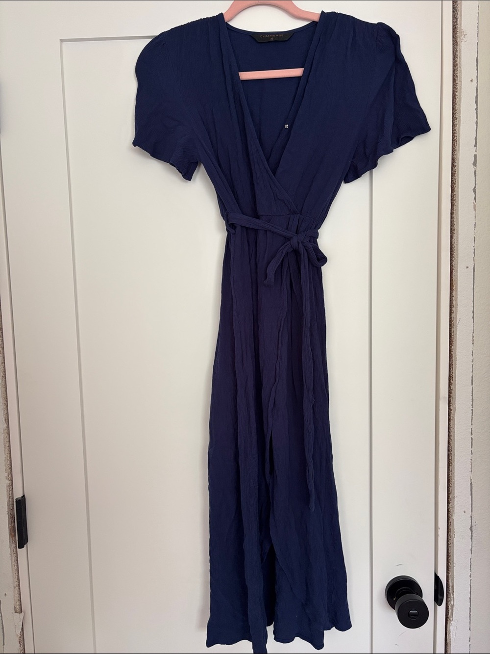 Elegant Navy Wrap Midi Dress with Tie Waist